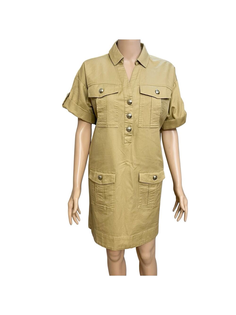 Loft Twill Patch Pocket Mini Dress XS Tan Shift Safari Preppy Military Button